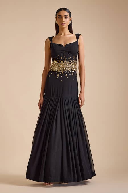 Prevasu_Black Georgette Sequins, Beads Open Neck Swan Floral Embellished Mermaid Gown _Online_at_Aza_Fashions