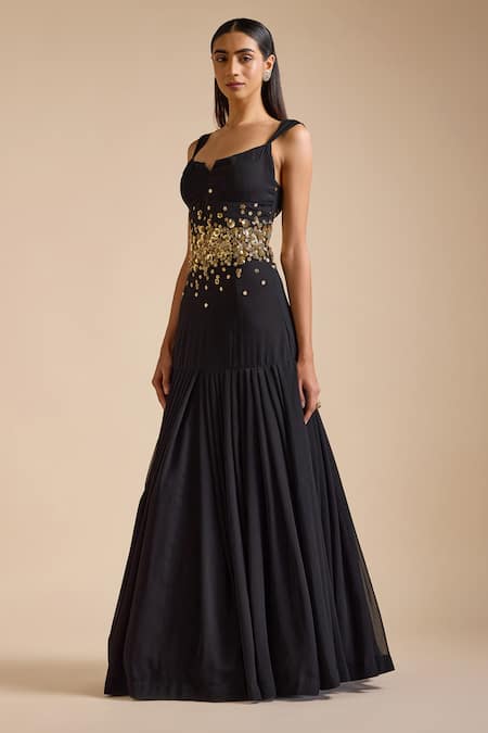 Buy_Prevasu_Black Georgette Sequins, Beads Open Neck Swan Floral Embellished Mermaid Gown _Online_at_Aza_Fashions