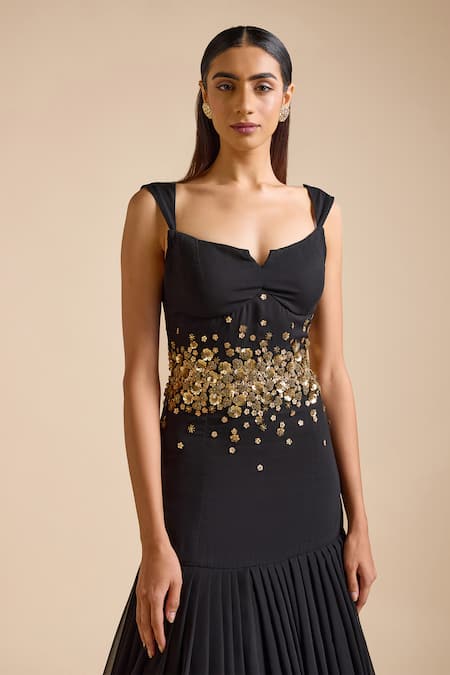Prevasu_Black Georgette Sequins, Beads Open Neck Swan Floral Embellished Mermaid Gown _at_Aza_Fashions