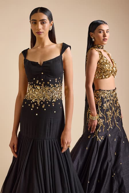 Buy_Prevasu_Black Georgette Sequins, Beads Open Neck Swan Floral Embellished Mermaid Gown 