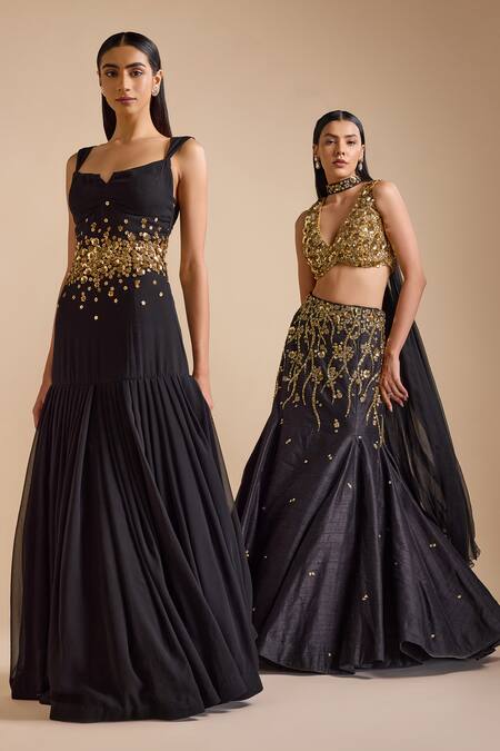 Shop_Prevasu_Black Georgette Sequins, Beads Open Neck Swan Floral Embellished Mermaid Gown 