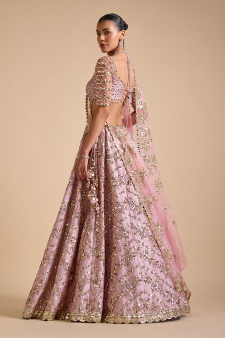 Prevasu_Pink Net, Organza, Silk Sequins, Bonita Floral Embellished Chevron Lehenga Set _Online_at_Aza_Fashions