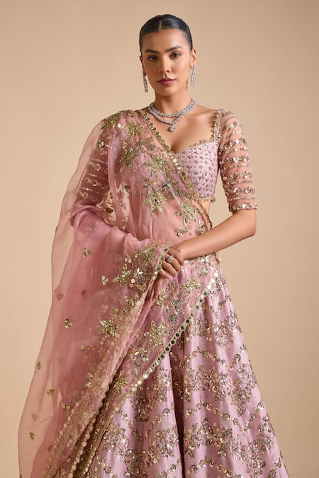 Buy_Prevasu_Pink Net, Organza, Silk Sequins, Bonita Floral Embellished Chevron Lehenga Set _Online_at_Aza_Fashions