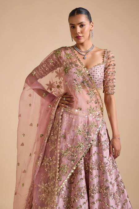 Shop_Prevasu_Pink Net, Organza, Silk Sequins, Bonita Floral Embellished Chevron Lehenga Set _Online_at_Aza_Fashions