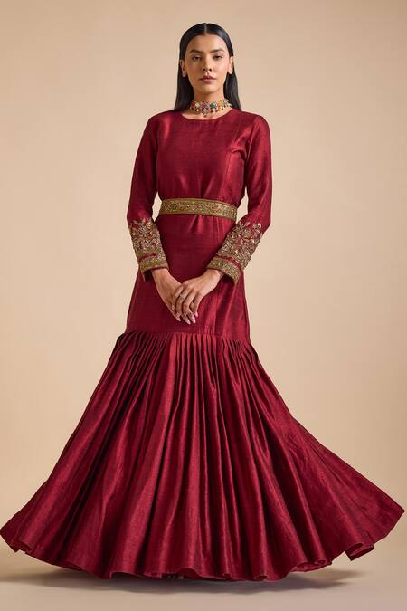 Prevasu_Maroon Silk Sequins, Beads, Embroidery Round Embellished Sleeves Mermaid Gown _Online_at_Aza_Fashions