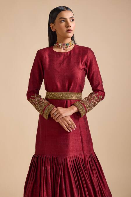 Buy_Prevasu_Maroon Silk Sequins, Beads, Embroidery Round Embellished Sleeves Mermaid Gown _Online_at_Aza_Fashions