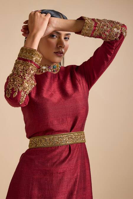 Shop_Prevasu_Maroon Silk Sequins, Beads, Embroidery Round Embellished Sleeves Mermaid Gown _Online_at_Aza_Fashions