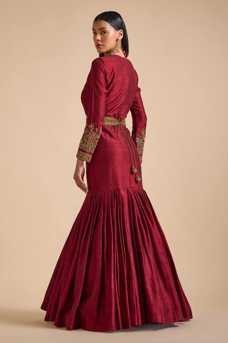 Prevasu_Maroon Silk Sequins, Beads, Embroidery Round Embellished Sleeves Mermaid Gown _at_Aza_Fashions