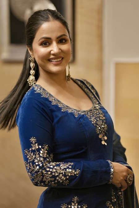 Reeti Arneja_Blue Velvet Cut Work, Beads, Mirrors Boho Embroidered Kurta Patiala Salwar Set _at_Aza_Fashions