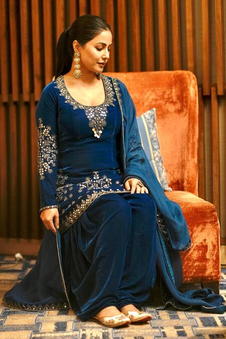 Buy_Reeti Arneja_Blue Velvet Cut Work, Beads, Mirrors Boho Embroidered Kurta Patiala Salwar Set 