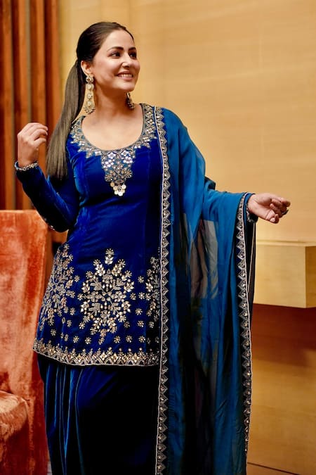 Shop_Reeti Arneja_Blue Velvet Cut Work, Beads, Mirrors Boho Embroidered Kurta Patiala Salwar Set 