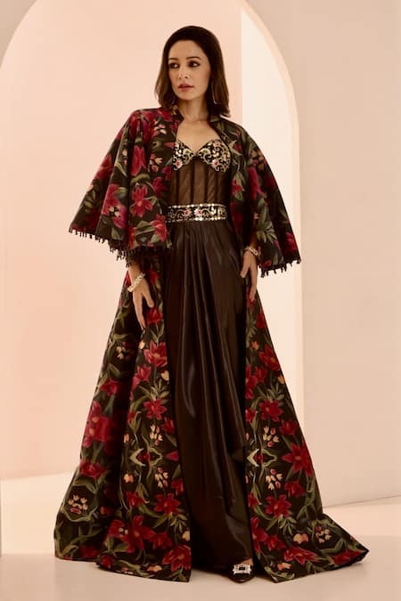 Buy Rashika Sharma Black Satin, Silk, Net Beads, Zor Embroidered Draped Corset Dress With Jacket Online at Aza Fashions Buy_Rashika Sharma_Black Satin, Silk, Net Beads, Zor Embroidered Draped Corset Dress With Jacket _Online_at_Aza_Fashions