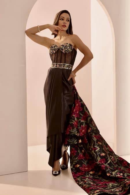 Shop Rashika Sharma Black Satin, Silk, Net Beads, Zor Embroidered Draped Corset Dress With Jacket Online at Aza Fashions Shop_Rashika Sharma_Black Satin, Silk, Net Beads, Zor Embroidered Draped Corset Dress With Jacket _Online_at_Aza_Fashions