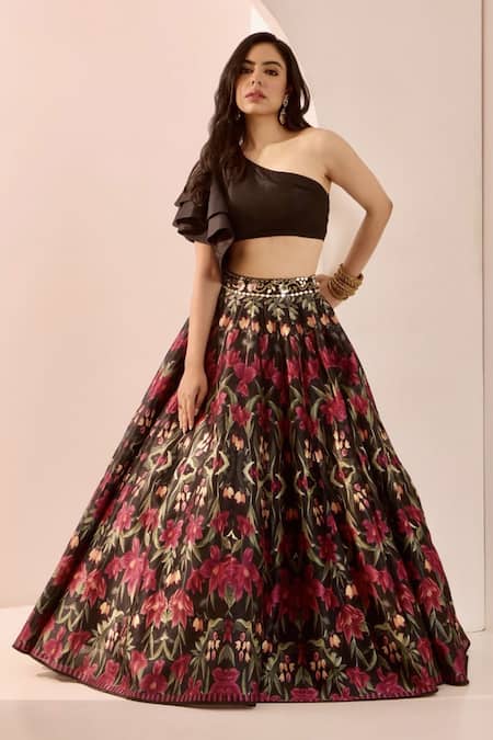 Rashika Sharma Black Silk Printed Floral Asymmetric Kayaa One Shoulder Blouse And Lehenga Set