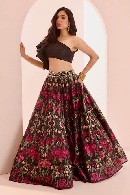 Buy Rashika Sharma Black Silk Mirrors, Zari, Beads, Kayaa One Shoulder Blouse And Lehenga Set Buy_Rashika Sharma_Black Silk Mirrors, Zari, Beads, Kayaa One Shoulder Blouse And Lehenga Set