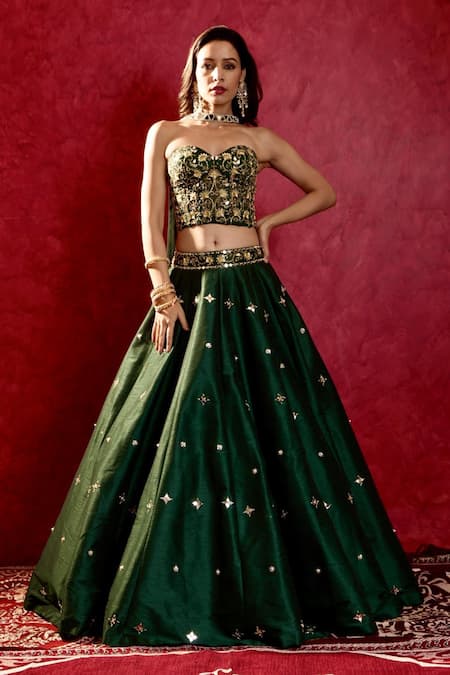 Buy_Rashika Sharma_Emerald Green Georgette, Silk Beads, Aarzu Embroidered Lehenga Corset Set _Online_at_Aza_Fashions