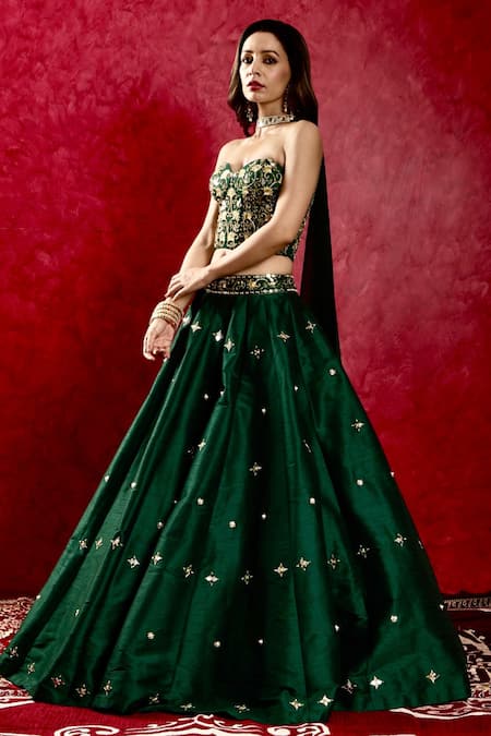 Shop_Rashika Sharma_Emerald Green Georgette, Silk Beads, Aarzu Embroidered Lehenga Corset Set _Online_at_Aza_Fashions