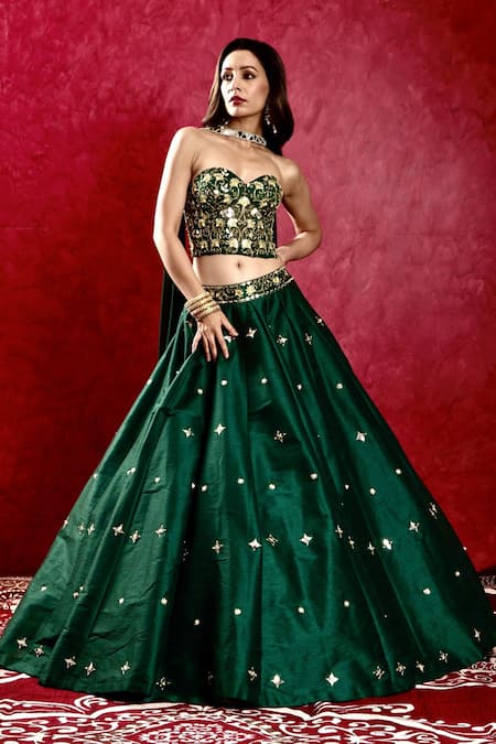 Rashika Sharma_Emerald Green Georgette, Silk Beads, Aarzu Embroidered Lehenga Corset Set _at_Aza_Fashions