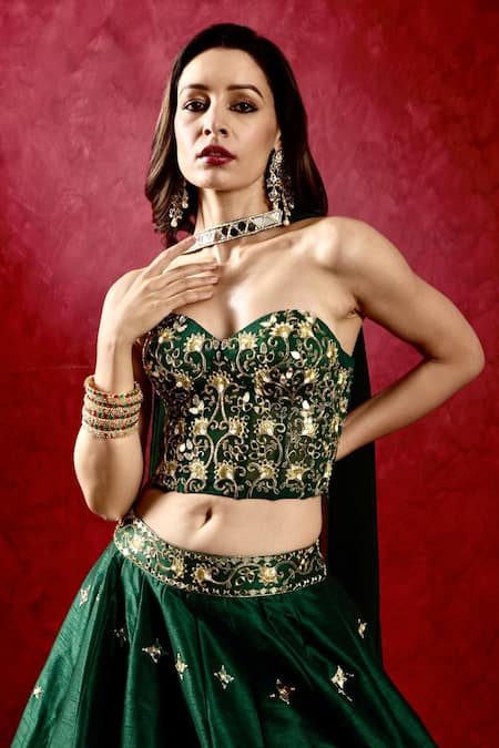 Buy_Rashika Sharma_Emerald Green Georgette, Silk Beads, Aarzu Embroidered Lehenga Corset Set 