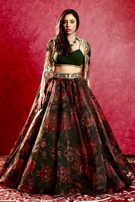 Rashika Sharma Green Blouse And Dupatta Georgette Printed Floral Cape Naisha Lehenga Set  5