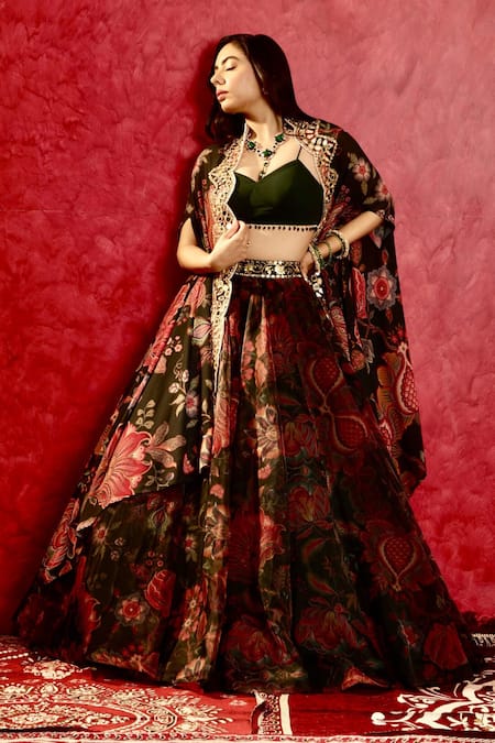 Rashika Sharma Green Blouse And Dupatta Georgette Printed Floral Cape Naisha Lehenga Set  6