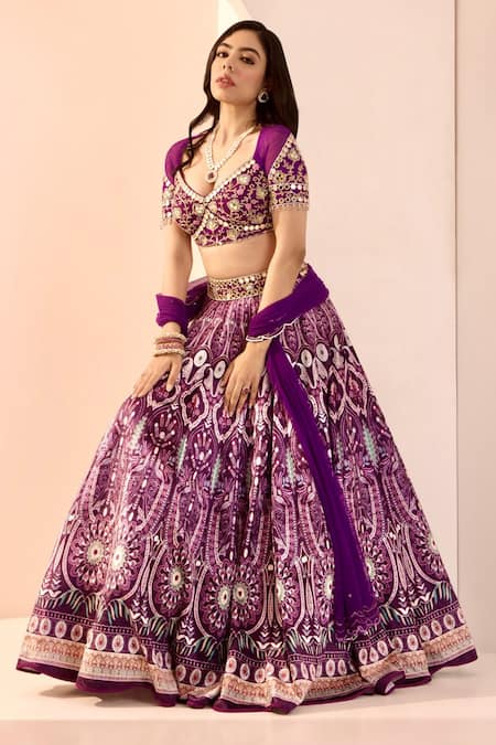 Shop_Rashika Sharma_Purple Net, Velvet, Silk Sequins, Beads, Sitara Thread Embroidered Lehenga Set _Online_at_Aza_Fashions