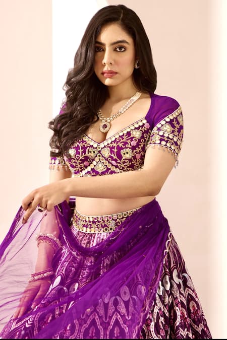 Rashika Sharma_Purple Net, Velvet, Silk Sequins, Beads, Sitara Thread Embroidered Lehenga Set _at_Aza_Fashions
