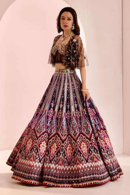 Buy_Rashika Sharma_Multi Color Net, Velvet Beads, Embroidery, Zari, Floral Cape Lehenga Set _Online_at_Aza_Fashions