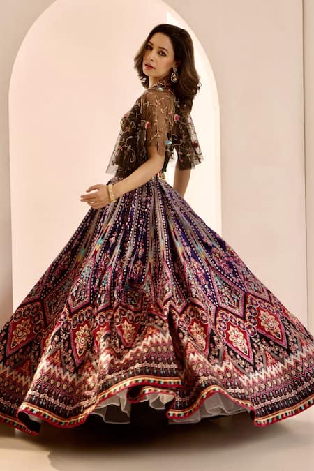 Shop_Rashika Sharma_Multi Color Net, Velvet Beads, Embroidery, Zari, Floral Cape Lehenga Set _Online_at_Aza_Fashions