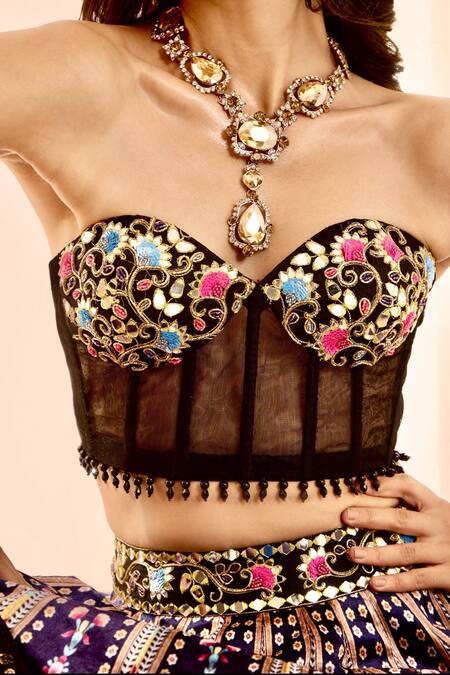 Buy_Rashika Sharma_Multi Color Net, Velvet Beads, Embroidery, Zari, Floral Cape Lehenga Set 