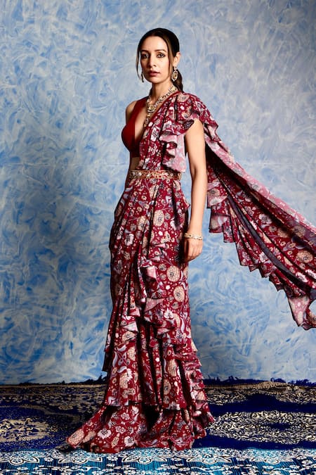 Buy_Rashika Sharma_Maroon Georgette, Silk, Nitara Printed Pre-stitched Ruffle Saree With Blouse _Online_at_Aza_Fashions