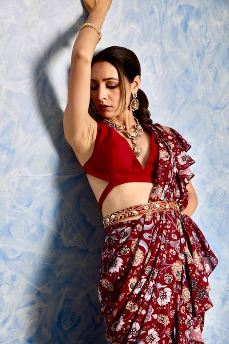 Shop_Rashika Sharma_Maroon Georgette, Silk, Nitara Printed Pre-stitched Ruffle Saree With Blouse _Online_at_Aza_Fashions