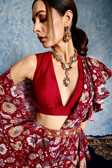 Buy_Rashika Sharma_Maroon Georgette, Silk, Nitara Printed Pre-stitched Ruffle Saree With Blouse 