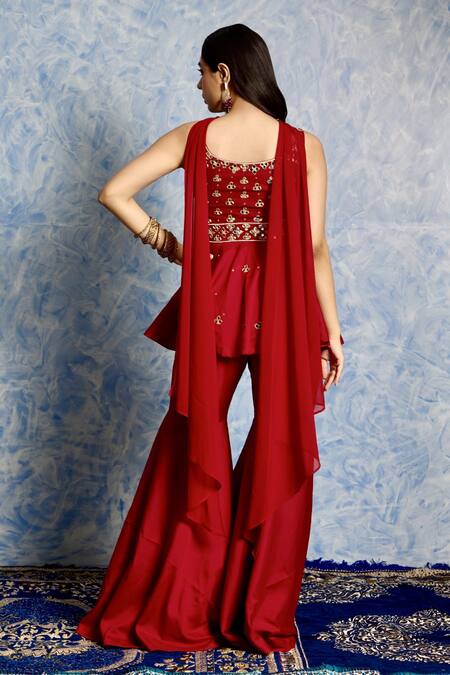 Rashika Sharma Maroon Embroidered Peplum Kurta Set 