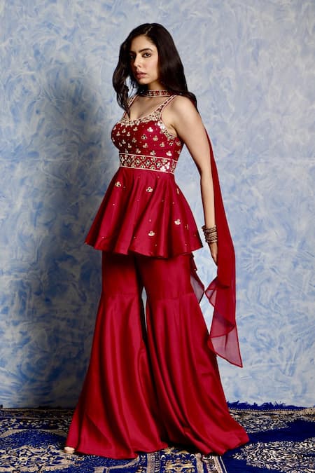 Buy_Rashika Sharma_Maroon Silk, Georgette, Satin Beads, Sequins, Embroidered Peplum Kurta Set _Online_at_Aza_Fashions