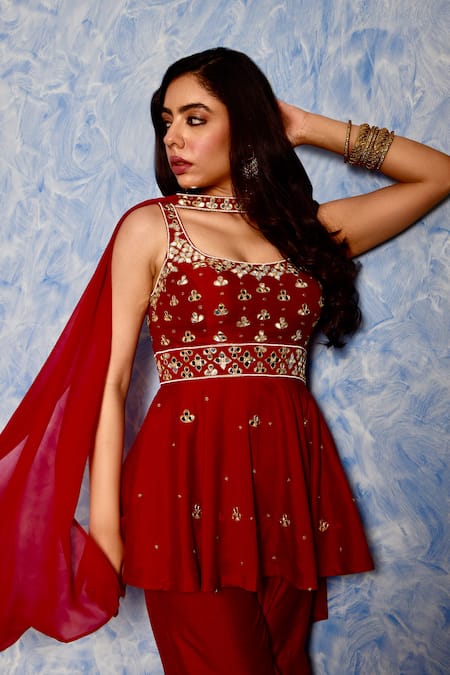 Buy_Rashika Sharma_Maroon Silk, Georgette, Satin Beads, Sequins, Embroidered Peplum Kurta Set 