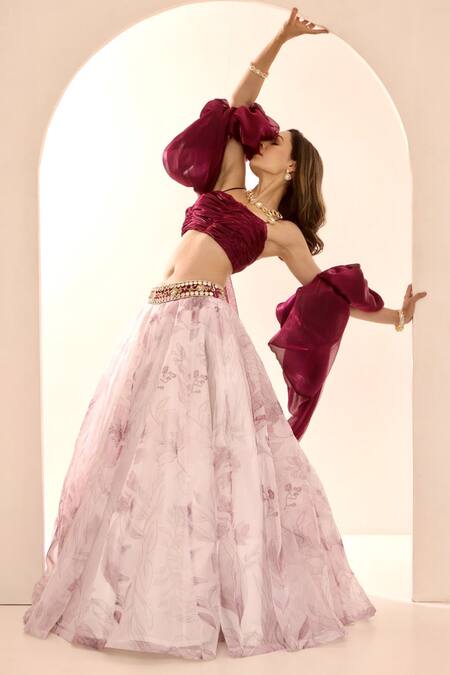 Buy_Rashika Sharma_Purple Organza, Net Sequins, Beads Square Neck, Printed Lehenga Set With Shrug _Online_at_Aza_Fashions