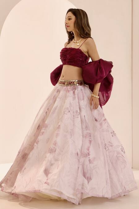 Shop_Rashika Sharma_Purple Organza, Net Sequins, Beads Square Neck, Printed Lehenga Set With Shrug _Online_at_Aza_Fashions