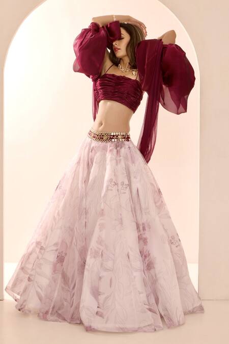 Rashika Sharma_Purple Organza, Net Sequins, Beads Square Neck, Printed Lehenga Set With Shrug _at_Aza_Fashions