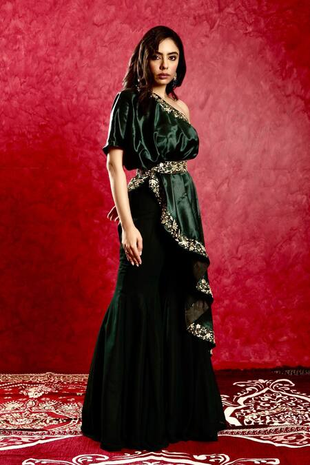 Buy_Rashika Sharma_Green Georgette Beads, Mirrors, One Shoulder Embroidered Cape Flared Pant Set _Online_at_Aza_Fashions