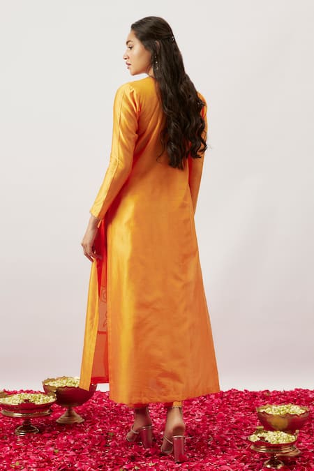 The Aarya_Orange Handloom Cotton, Chanderi, Organza Bahar Hand Embroidered Kurta Pant Set _Online_at_Aza_Fashions