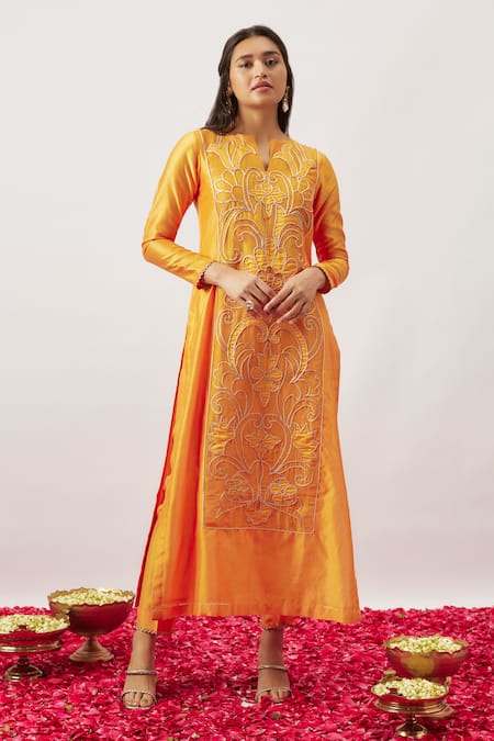 Buy_The Aarya_Orange Handloom Cotton, Chanderi, Organza Bahar Hand Embroidered Kurta Pant Set _Online_at_Aza_Fashions