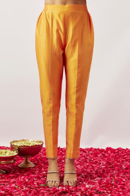 Shop_The Aarya_Orange Handloom Cotton, Chanderi, Organza Bahar Hand Embroidered Kurta Pant Set _Online_at_Aza_Fashions