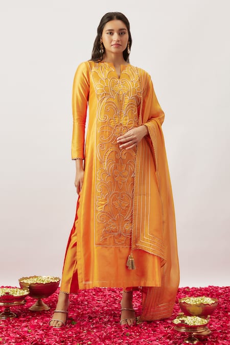 The Aarya_Orange Handloom Cotton, Chanderi, Organza Bahar Hand Embroidered Kurta Pant Set _at_Aza_Fashions
