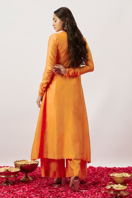 The Aarya_Orange Organza, Chanderi Embroidery, Tassels Kafiya Angrakha Kurta Pant Set _Online_at_Aza_Fashions