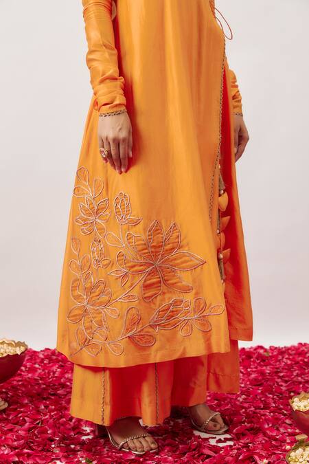 Buy_The Aarya_Orange Organza, Chanderi Embroidery, Tassels Kafiya Angrakha Kurta Pant Set _Online_at_Aza_Fashions