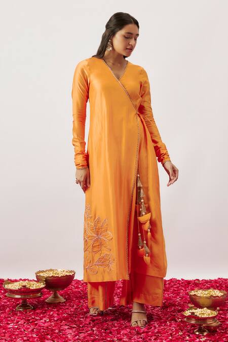 Shop_The Aarya_Orange Organza, Chanderi Embroidery, Tassels Kafiya Angrakha Kurta Pant Set _Online_at_Aza_Fashions