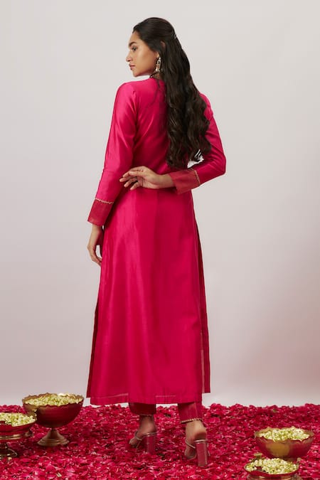 The Aarya_Pink Organza, Chanderi, Handloom Cotton Embroidery, Jazmin Hand Kurta Pant Set _Online_at_Aza_Fashions