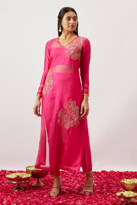 Buy_The Aarya_Pink Organza, Chanderi, Handloom Cotton Embroidery, Jazmin Hand Kurta Pant Set _Online_at_Aza_Fashions