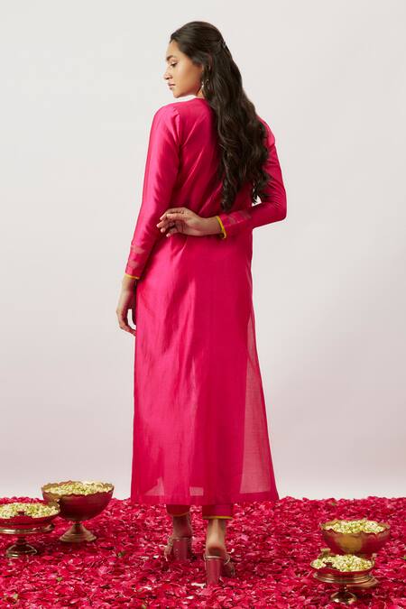 Shop_The Aarya_Pink Organza, Chanderi, Handloom Cotton Embroidery, Jazmin Hand Kurta Pant Set _Online_at_Aza_Fashions